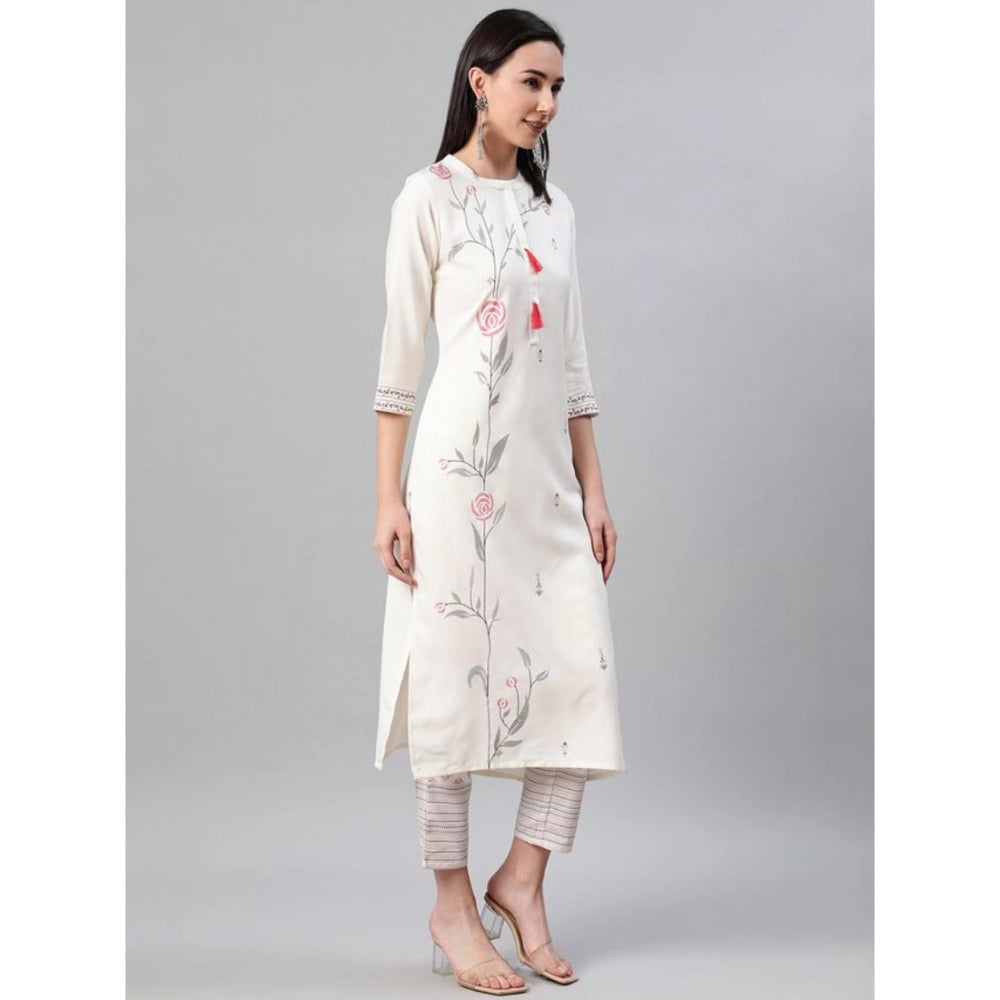 Generic Women's Casual 3-4Th Sleeve Floral Printed Rayon Kurti And Pant Set (Cream)