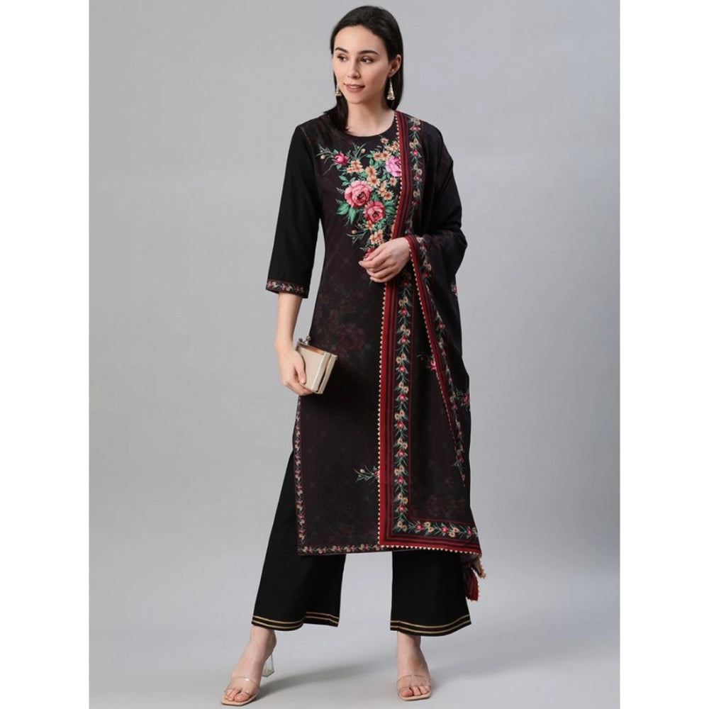 Generic Women's Casual 3-4Th Sleeve Floral Printed Crepe KurtiPalazzo And Dupatta Set (Black)