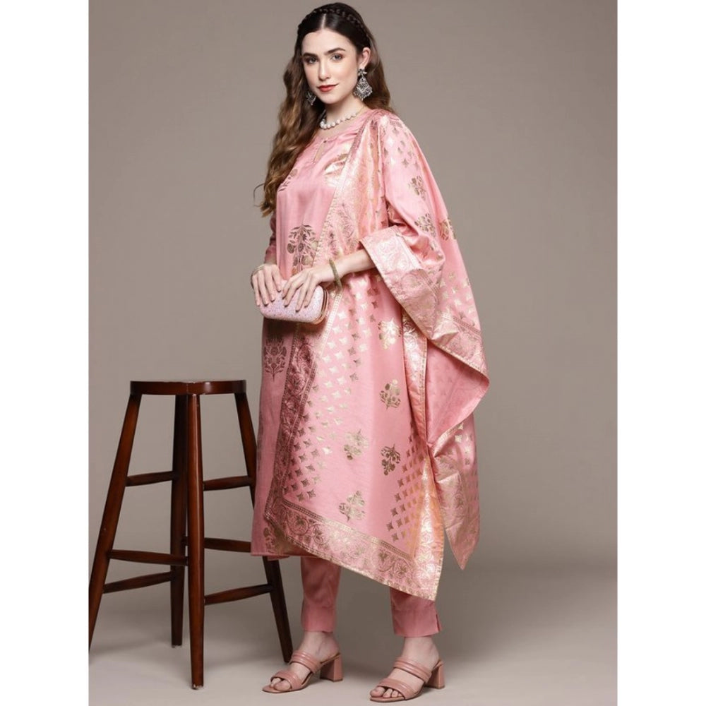 Generic Women's Casual 3-4Th Sleeve Floral Printed Poly Silk Kurti Pant And Dupatta Set (Light Pink)