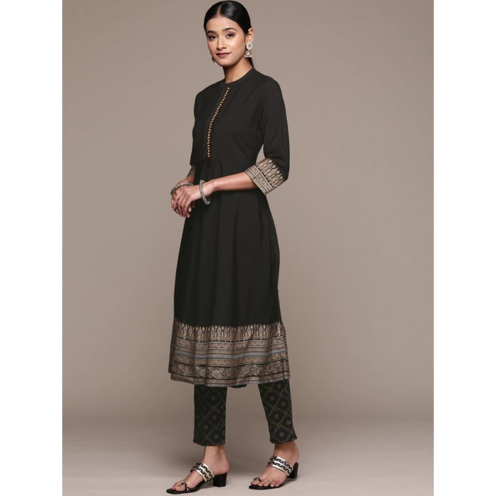 Generic Women's Casual 3-4Th Sleeve Ethnic Motifs Crepe Kurti Pant And Dupatta Set (Black)