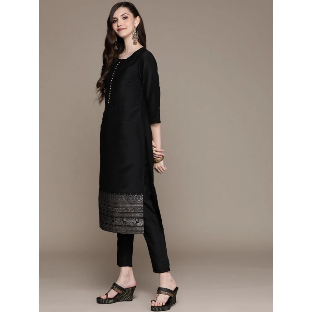 Generic Women's Casual 3-4Th Sleeve Border Crepe Kurti Pant And Dupatta Set (Black)