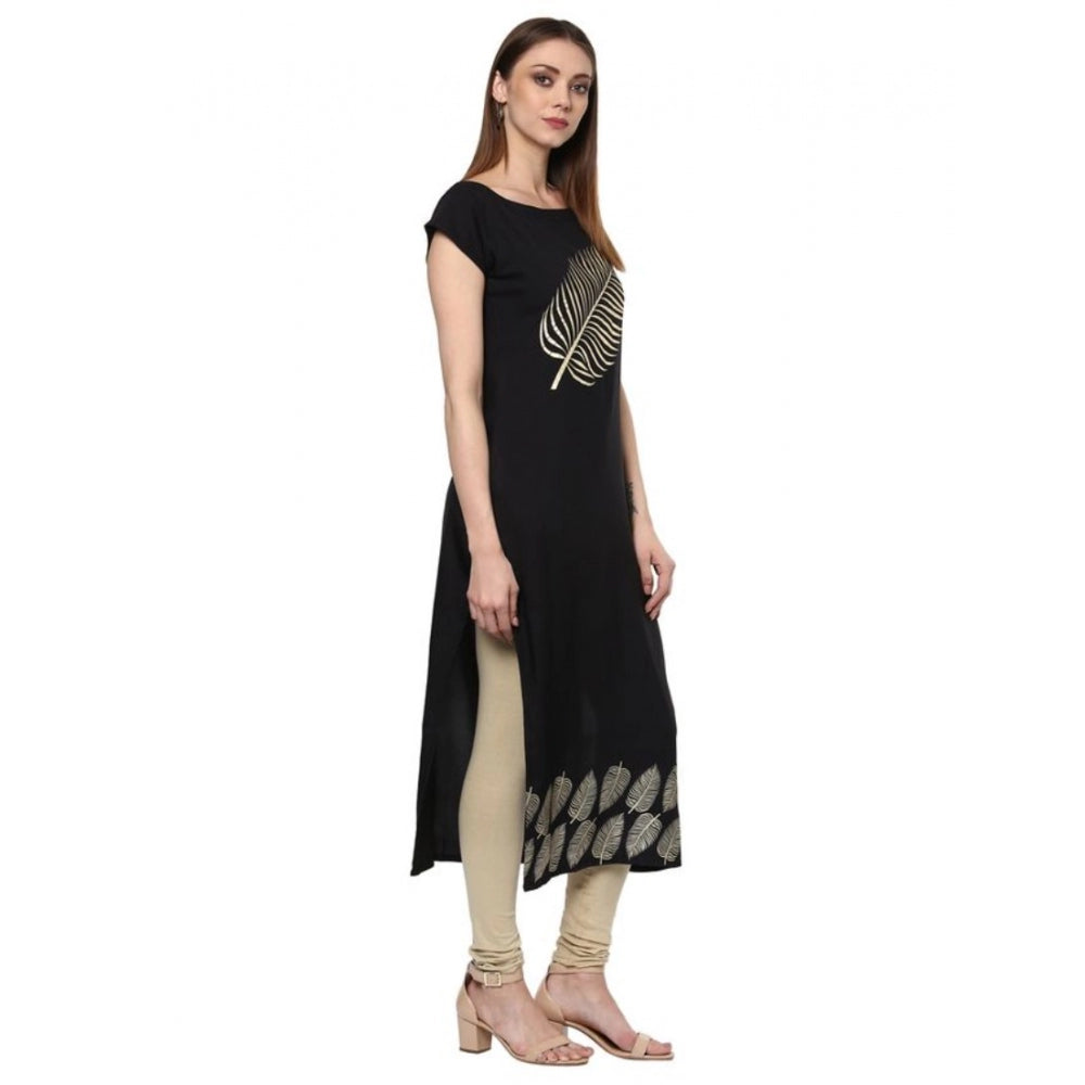 Generic Women's Casual Short Sleeves Ethnic Motifs Crepe Kurti (Black)