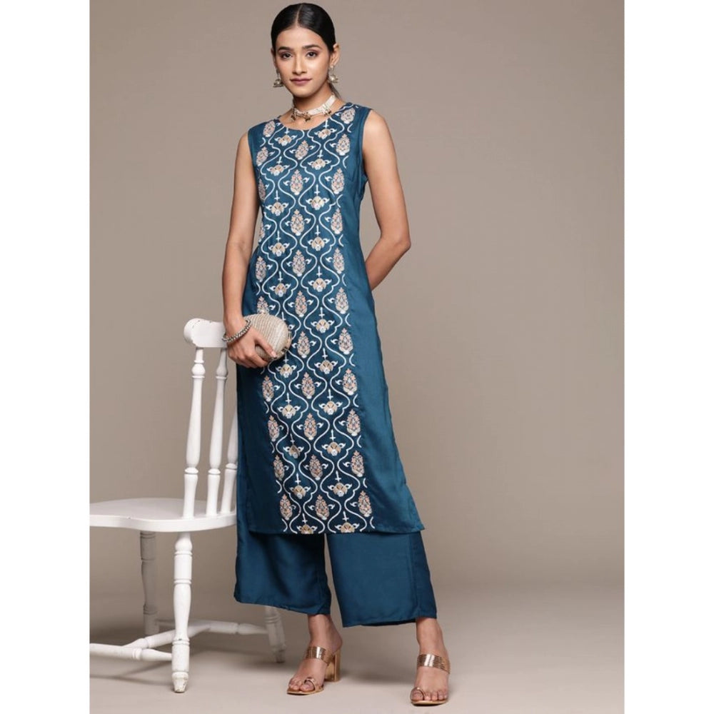 Generic Women's Casual Sleeveless Floral Printed Chinon Kurti and Palazzo Set (Teal Blue)