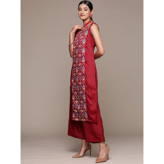 Generic Women's Casual Sleeveless Floral Printed Chinon Kurti and Palazzo Set (Maroon)