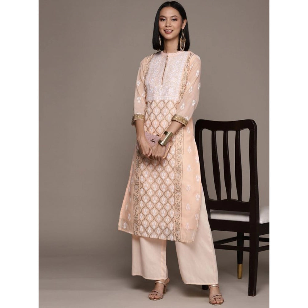 Generic Women's Casual 3-4Th Sleeve Floral Printed Chanderi Cotton Kurti And Palazzo Set (Peach)