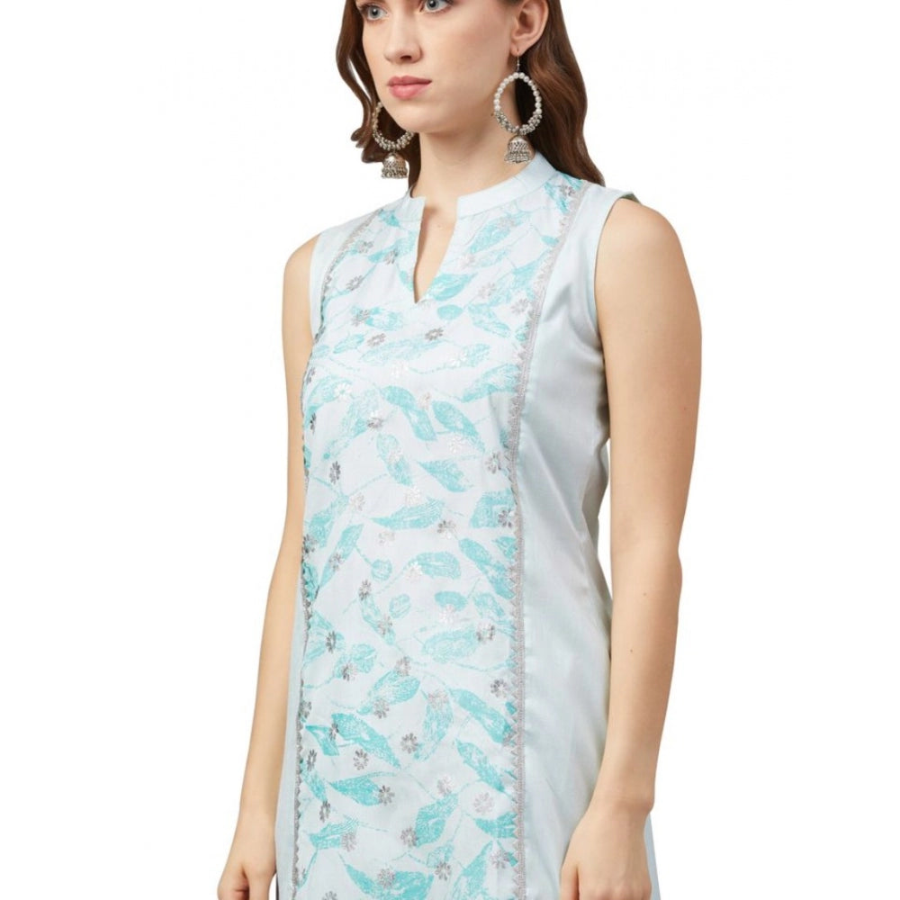 Generic Women's Casual Sleeveless Abstract Poly Silk Kurti And Palazzo Set (Off White)