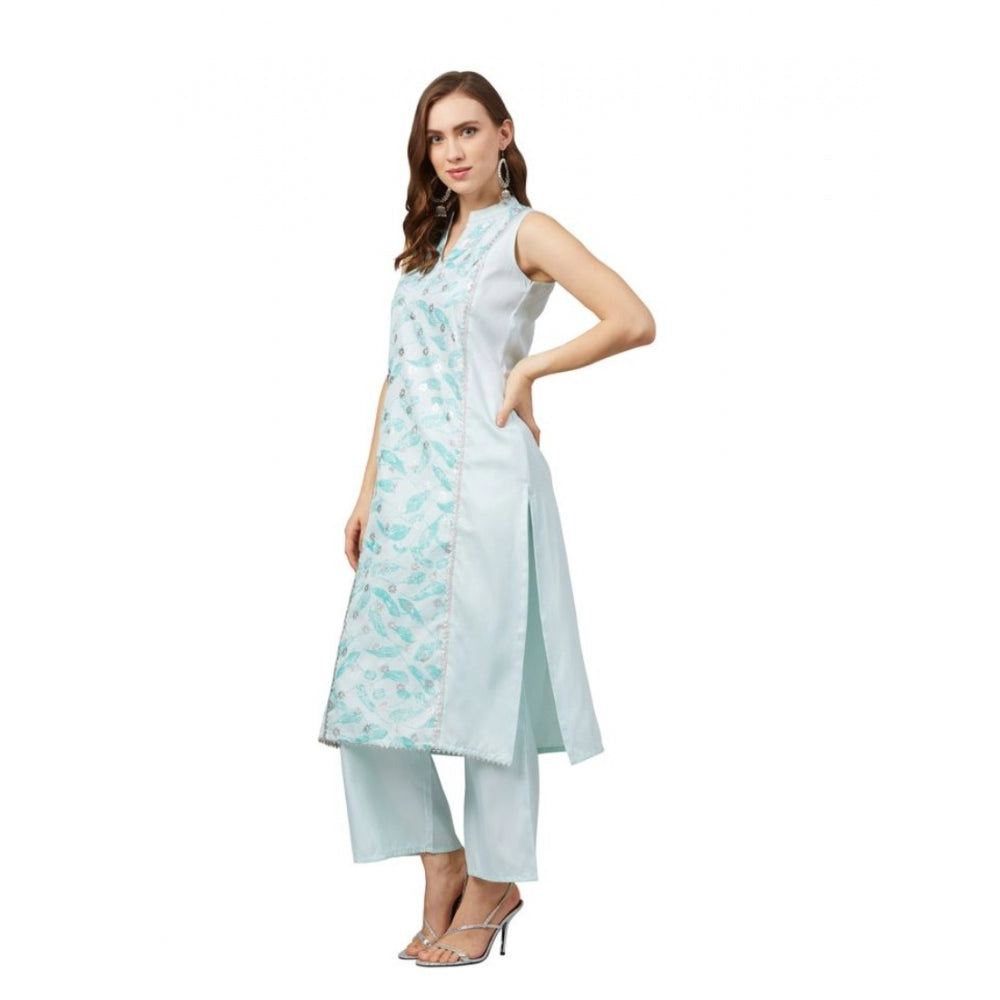 Generic Women's Casual Sleeveless Abstract Poly Silk Kurti And Palazzo Set (Off White)