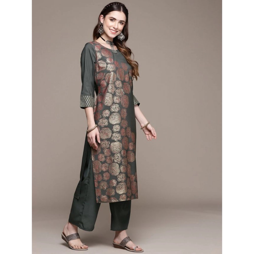 Generic Women's Casual 3-4Th Sleeve Floral Printed Crepe Kurti And Palazzo Set (Dark Grey)