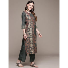 Generic Women's Casual 3-4Th Sleeve Floral Printed Crepe Kurti And Palazzo Set (Dark Grey)