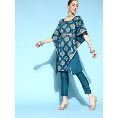 Generic Women's Casual 3-4Th Sleeve Floral Printed Chinon Kurti And Pant Set (Teal)