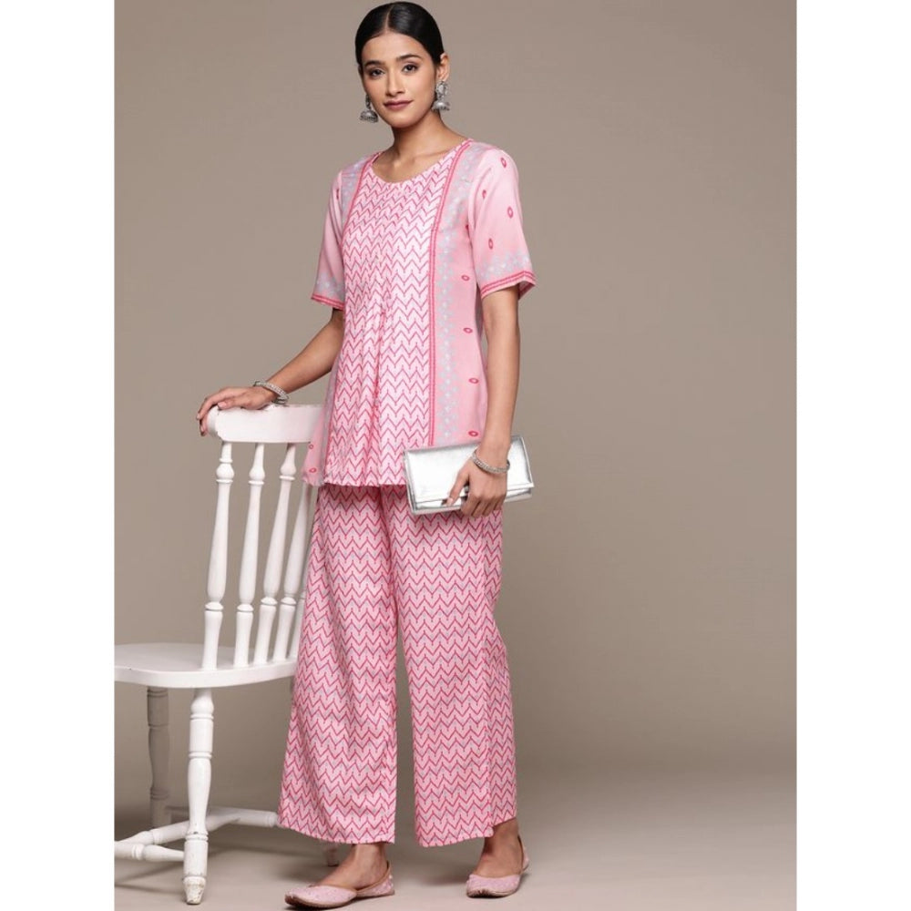 Generisches Damen-Kurti und Palazzo-Set mit halblangen Ärmeln und geometrischem Muster aus Viskose (Pink)