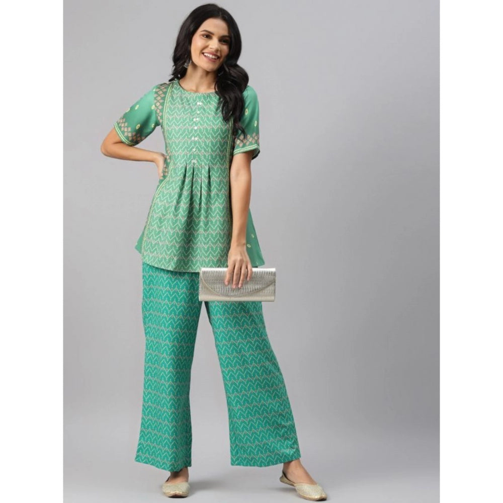 Generisches Damen-Set aus lässigem Kurti und Palazzo mit halblangen Ärmeln und geometrischem Muster aus Viskose (Grün)