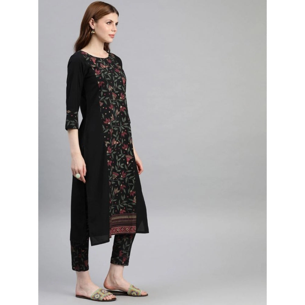 Generic Women's Casual 3-4Th Sleeve Floral Printed Crepe Kurti and Pant Set (Black)