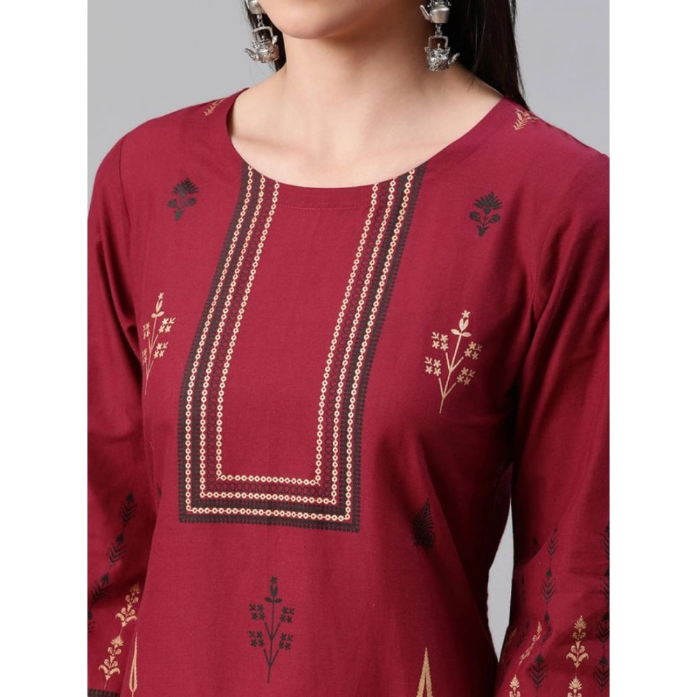 Generic Women's Casual 3-4Th Sleeve Ethnic Motifs Rayon Kurti And Pant Set (Red)