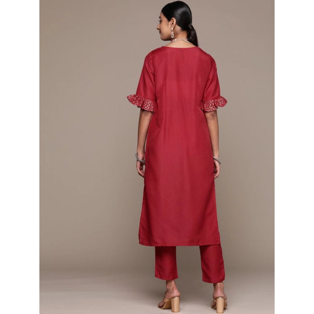 Generic Women's Casual Half Sleeve Solid Chinon Kurti and Pant Set (Maroon)