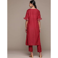 Generic Women's Casual Half Sleeve Solid Chinon Kurti and Pant Set (Maroon)