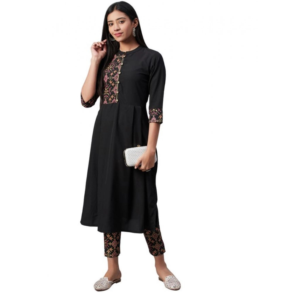 Generic Women's Casual 3-4Th Sleeve Geometric Crepe Kurti And Pant Set (Black)