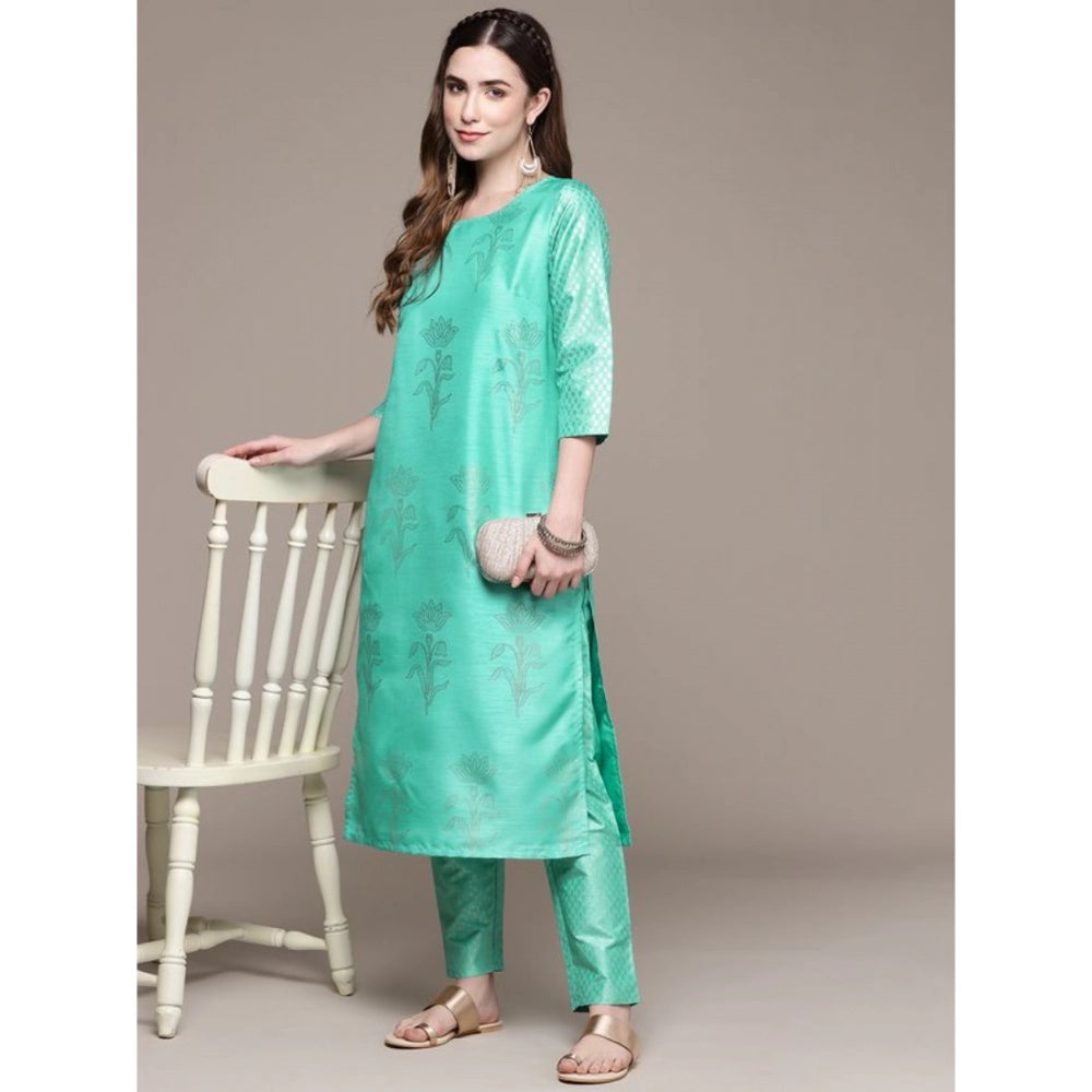 Generic Women's Casual 3-4Th Sleeve Floral Printed Poly Silk Kurti and Pant Set (Sea Green)