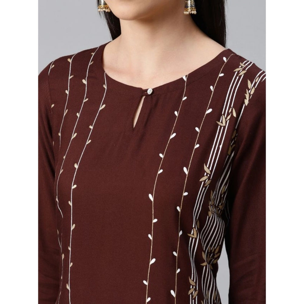 Generic Women's Casual 3-4Th Sleeve Ethnic Motifs Rayon Kurti And Pant Set (Brown)