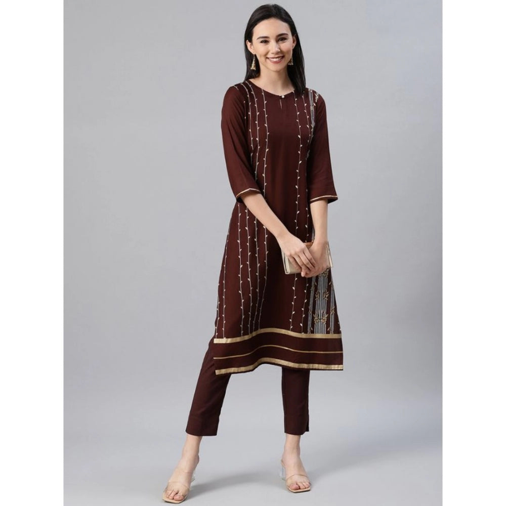 Generic Women's Casual 3-4Th Sleeve Ethnic Motifs Rayon Kurti And Pant Set (Brown)