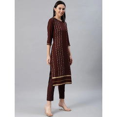 Generic Women's Casual 3-4Th Sleeve Ethnic Motifs Rayon Kurti And Pant Set (Brown)