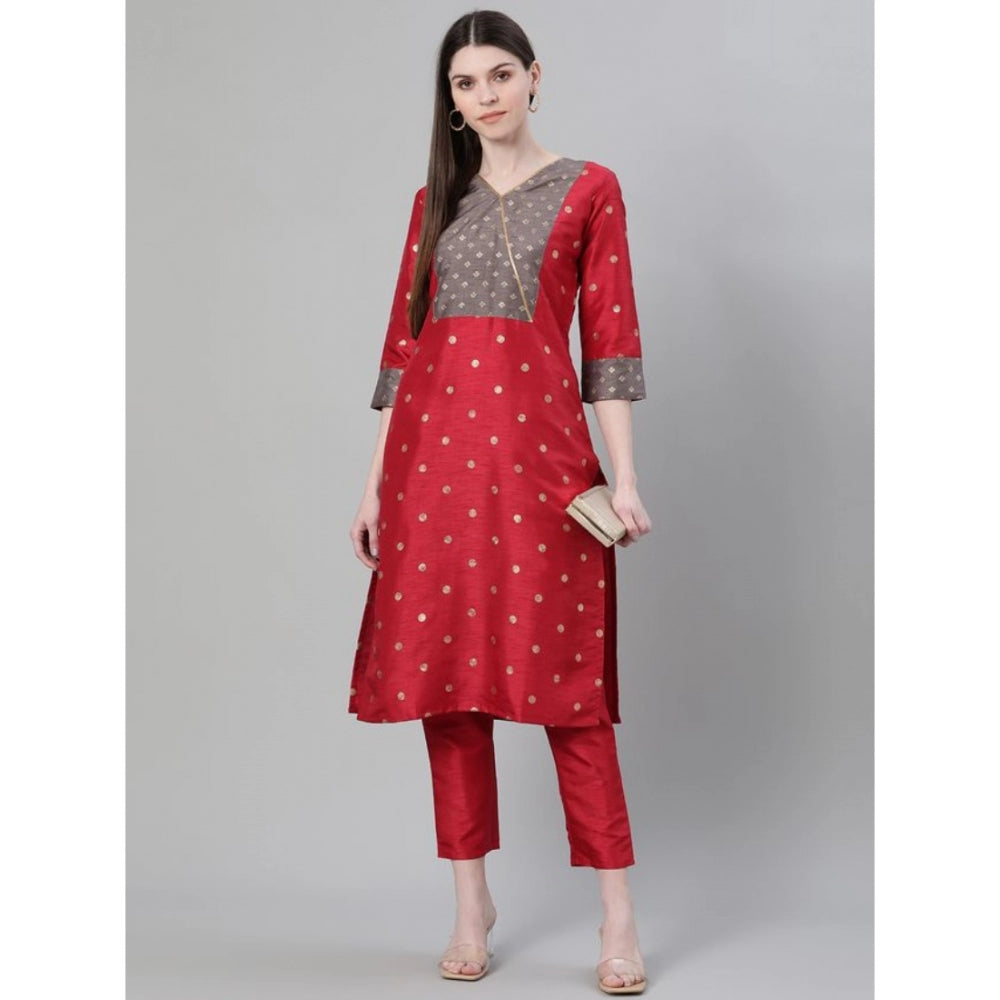 Generic Women's Casual 3-4Th Sleeve Ethnic Motifs Poly Silk Kurti And Pant Set (Red)