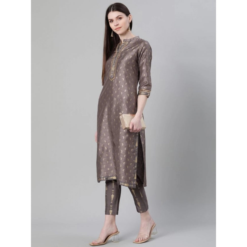 Generic Women's Casual 3-4Th Sleeve Ethnic Motifs Poly Silk Kurti And Pant Set (Grey)