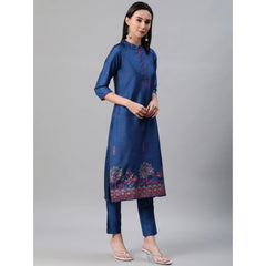 Generic Women's Casual 3-4Th Sleeve Floral Printed Poly Silk Kurti Pant And Dupatta Set (Blue)