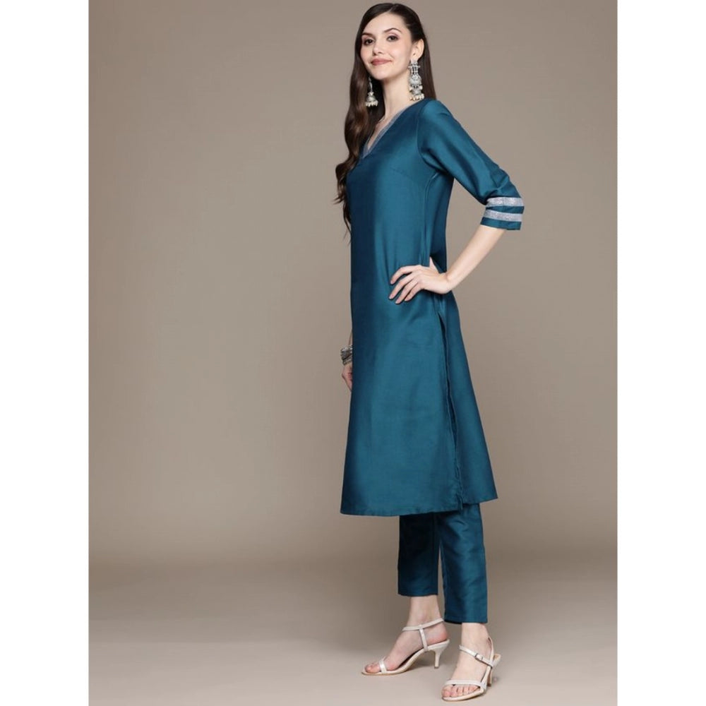 Generic Women's Casual 3-4Th Sleeve Mughal Stripe Design Chinon Kurti Pant And Dupatta Set (Teal Blue)