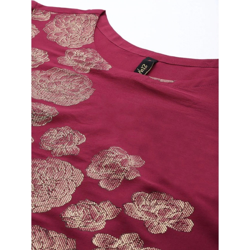 Generisches Damen-Kurti und Palazzo-Set aus Krepp mit Blumenmuster und 3–4-Ärmeln (Dunkelrosa)