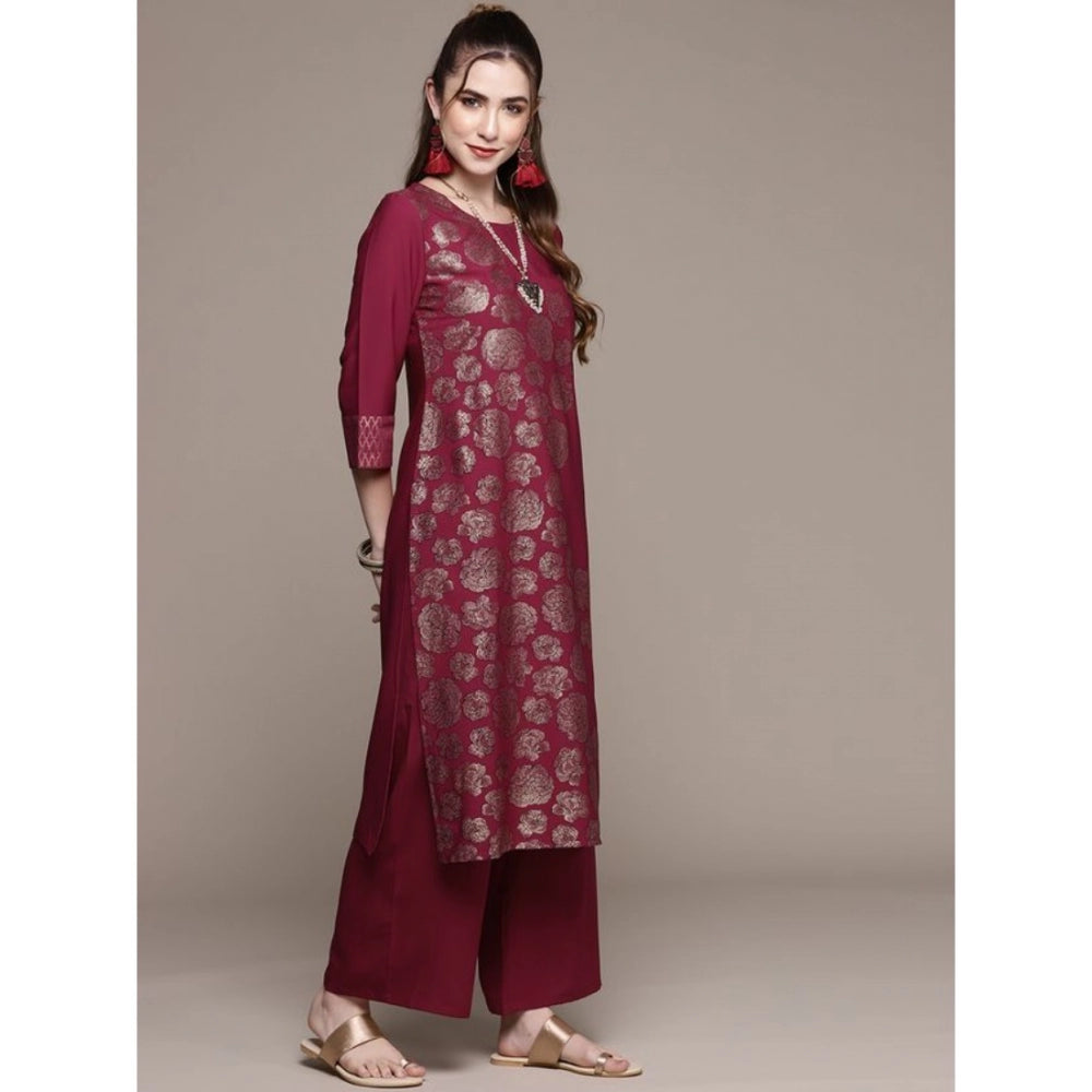 Generic Women's Casual 3-4Th Sleeve Floral Printed Crepe Kurti And Palazzo Set (Dark Pink)