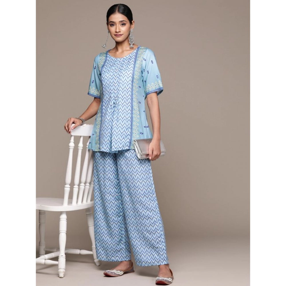 Generic Women's Casual Half Sleeve Geometric Rayon Kurti And Palazzo Set (Sky Blue)