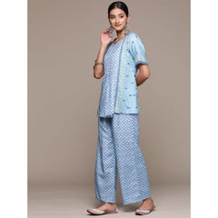 Generic Women's Casual Half Sleeve Geometric Rayon Kurti And Palazzo Set (Sky Blue)