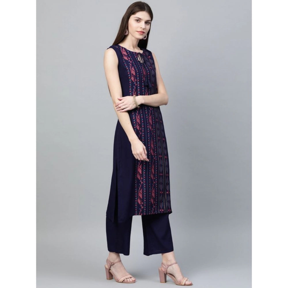 Generic Women's Casual Sleeveless Ikkat Rayon Kurti and Palazzo Set (Navy Blue)