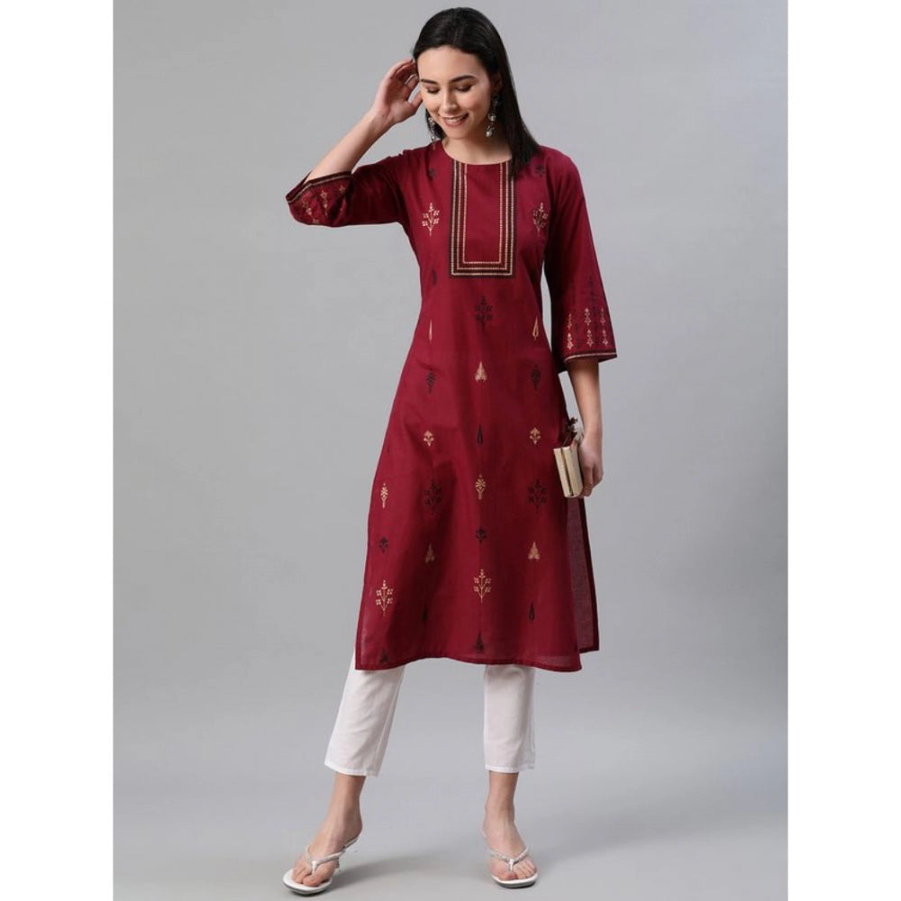 Generic Women's Casual 3-4Th Sleeve Ethnic Motifs Rayon Kurti And Pant Set (Red)