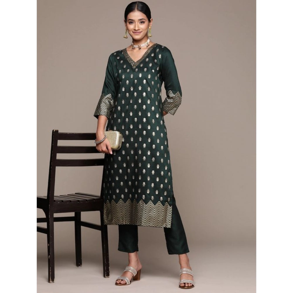 Generic Women's Casual 3-4Th Sleeve Floral Printed Chinon Kurti And Pant Set (Bottle Green)