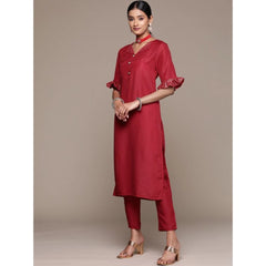 Generic Women's Casual Half Sleeve Solid Chinon Kurti and Pant Set (Maroon)