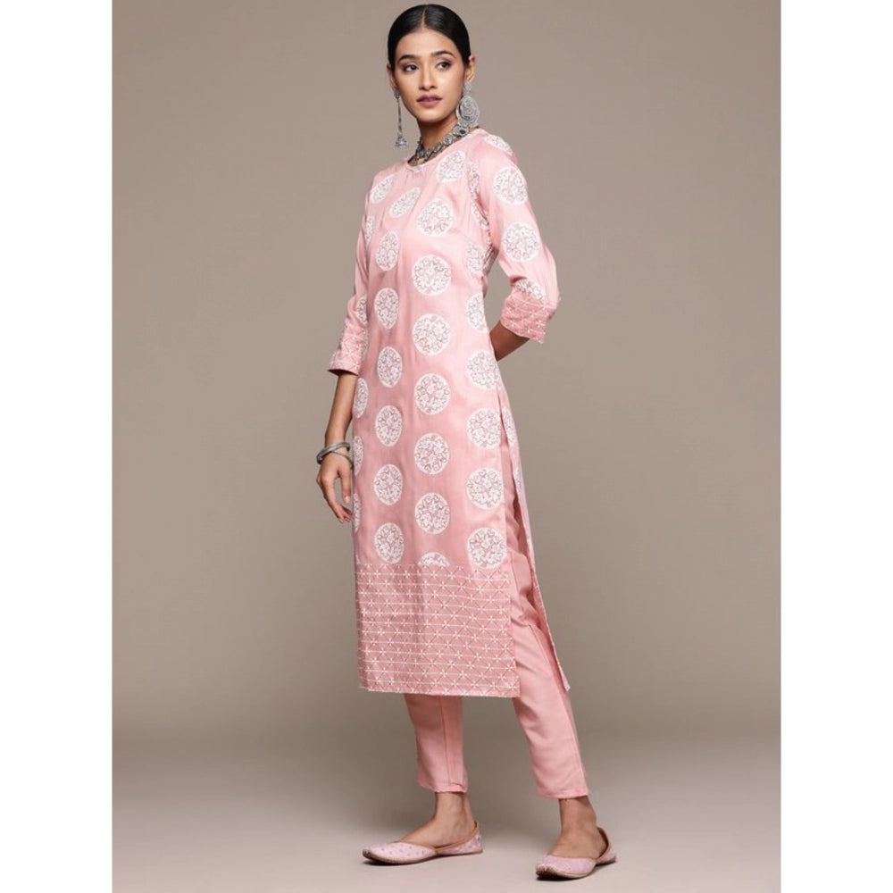 Generic Women's Casual 3-4Th Sleeve Floral Printed Chinon Kurti and Pant Set (Peach)