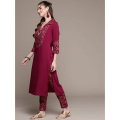 Generic Women's Casual 3-4Th Sleeve Geometric Crepe Kurti and Pant Set (Maroon)