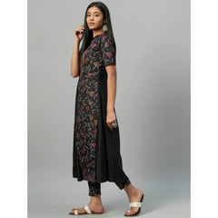 Generic Women's Casual 3-4Th Sleeve Floral Printed Crepe Kurti and Pant Set (Black)