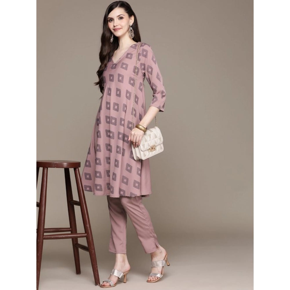 Generic Women's Casual 3-4Th Sleeve Ikkat Crepe Kurti And Pant Set (Brown)