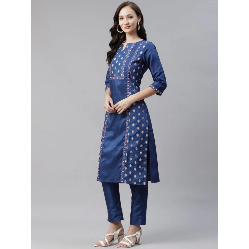 Generic Women's Casual 3-4Th Sleeve Floral Printed Poly Silk Kurti And Pant Set (Blue)