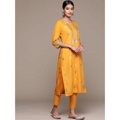 Generic Women's Casual 3-4Th Sleeve Floral Printed Rayon Kurti And Pant Set (Mustard)