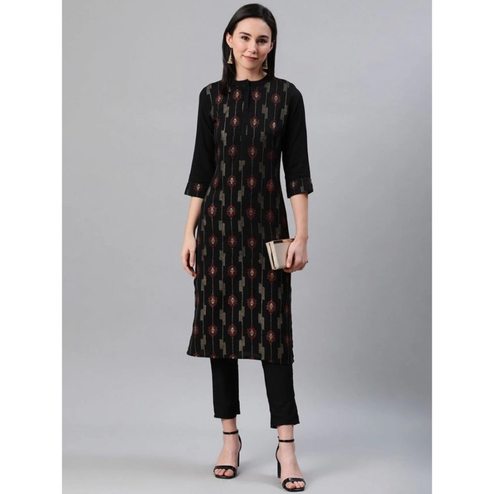 Generic Women's Casual 3-4Th Sleeve Ethnic Motifs Rayon Kurti And Pant Set (Black)