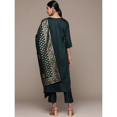 Generic Women's Casual 3-4Th Sleeve Ethnic Motifs Chinon Kurti Pant And Dupatta Set (Bottle Green)