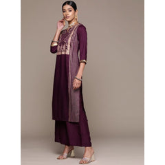 Generic Women's Casual 3-4Th Sleeve Ethnic Motifs Chinon Kurti And Palazzo Set (Purple)