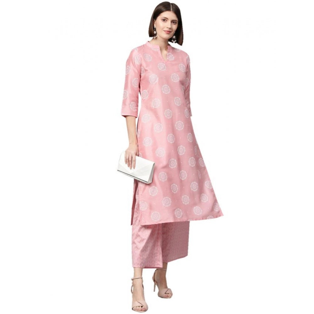 Generic Women's Casual 3-4Th Sleeve Floral Printed Poly Silk Kurti And Palazzo Set (Pink)