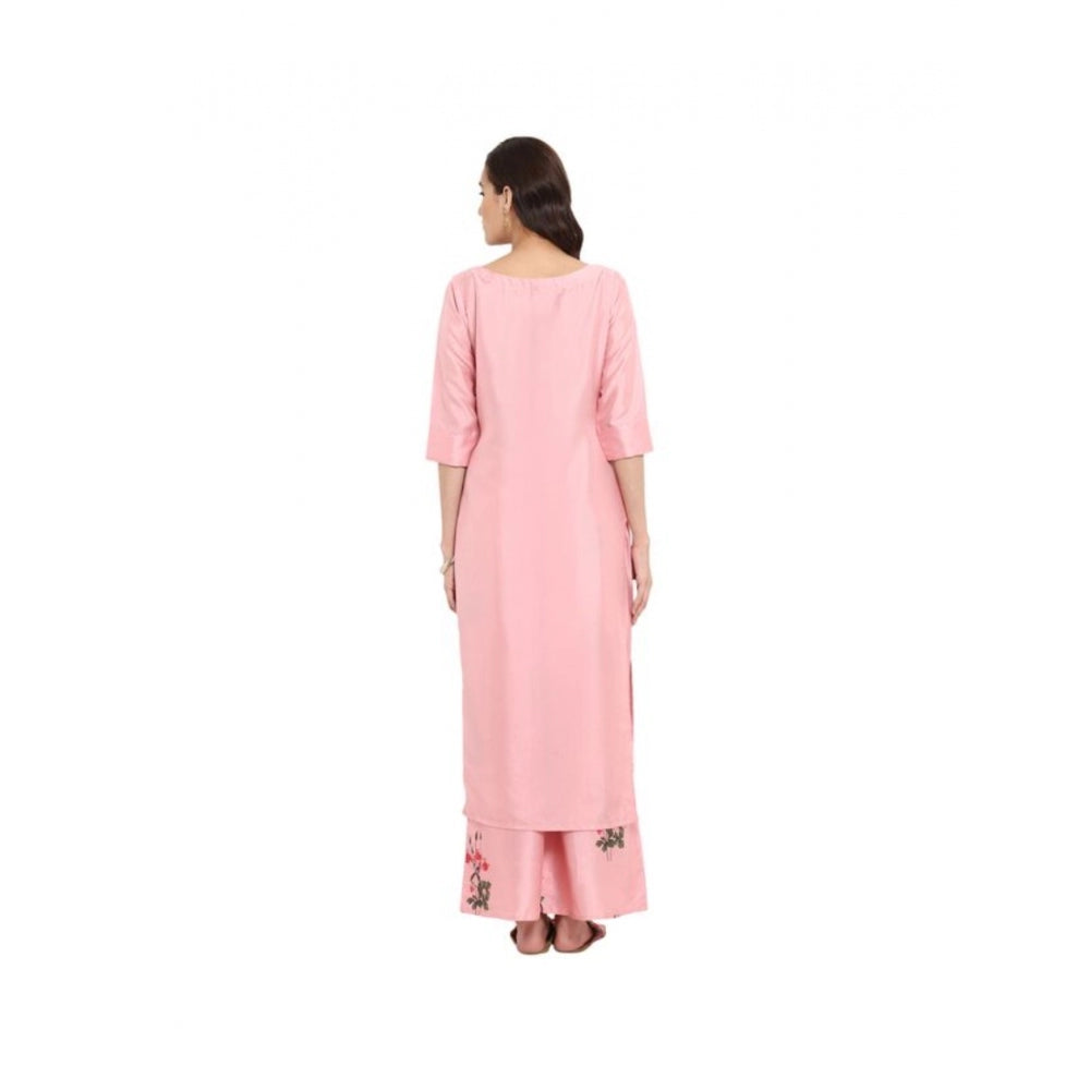 Generisches Damen-Kurti- und Palazzo-Set aus Polyseide mit 3–4-Ärmeln und Blumenmuster (Pink)