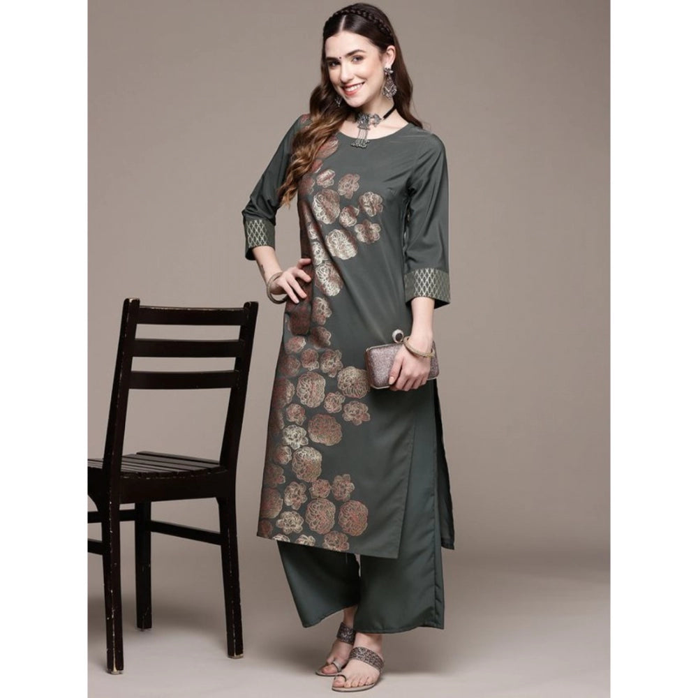 Generic Women's Casual 3-4Th Sleeve Floral Printed Crepe Kurti And Palazzo Set (Dark Grey)