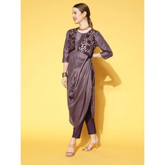 Generic Women's Casual 3-4Th Sleeve Solid Chinon Kurti And Pant Set (Purple)